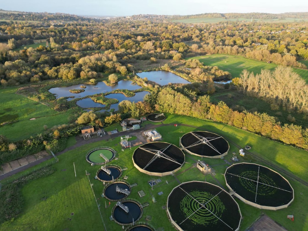 Aerial view of a municipal wastewater treatment facility